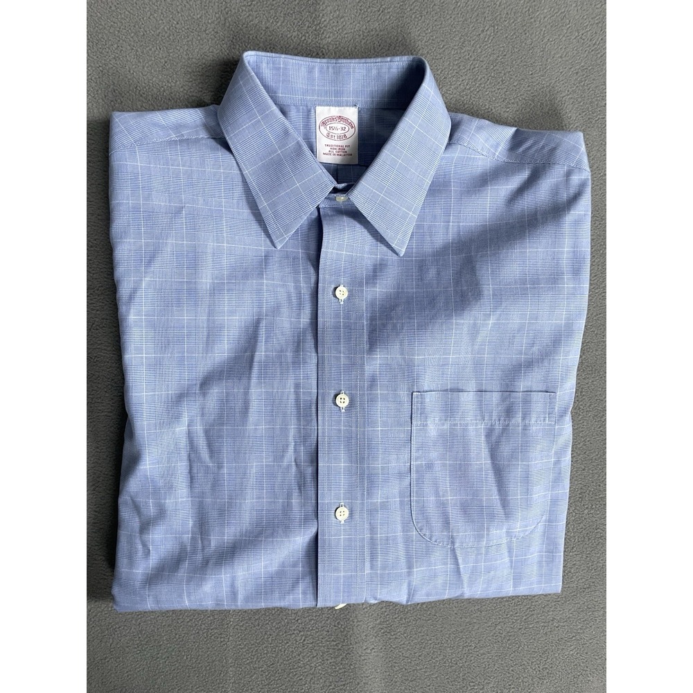 Brooks Brothers Dress Shirt Mens 15.5 32 Blue Window Pane 1818 Non Iron Cotton